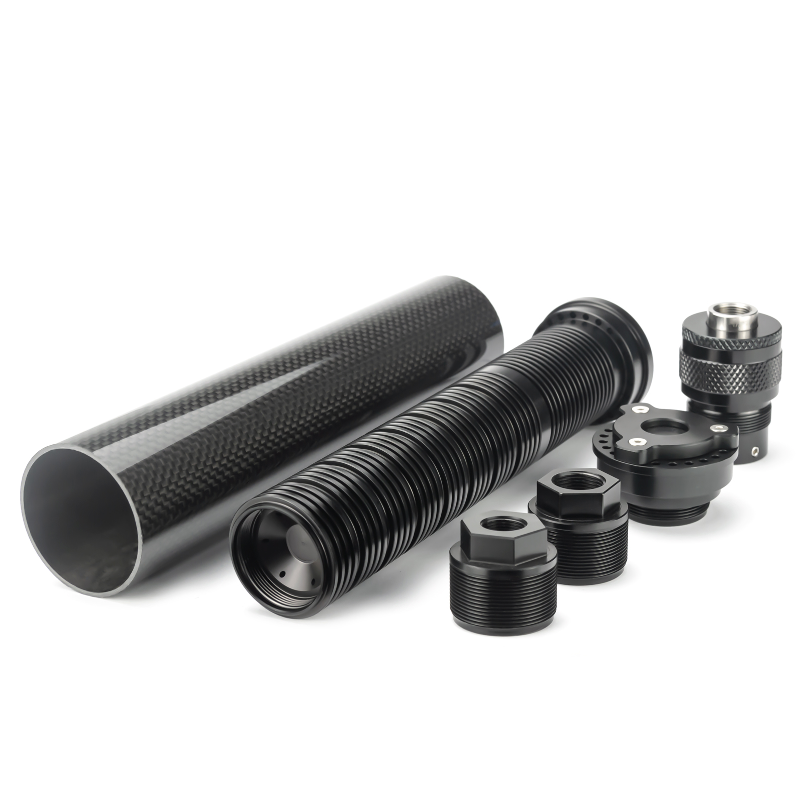 8.85″L 1.85″OD Carbon Fiber Modular Solvent Trap MST 8x Aluminum Cups 1/2×28,5/8×24 with 1/2×28,.578×28.9/16×24,13.5x1LH Booster — image 2